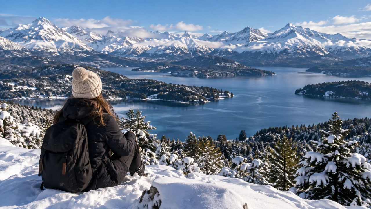 Bariloche no inverno com o Lago Nahuel Huapi e montanhas nevadas