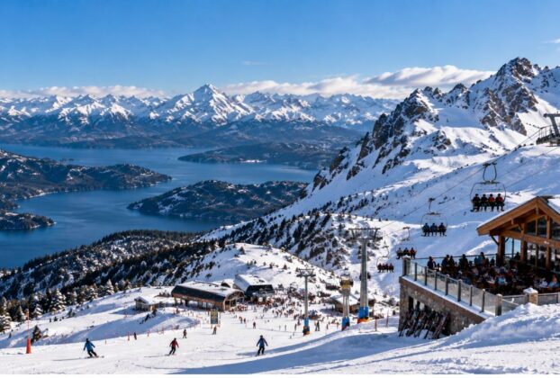 Cerro Catedral em Bariloche com pistas de esqui, meios de elevação e montanhas nevadas