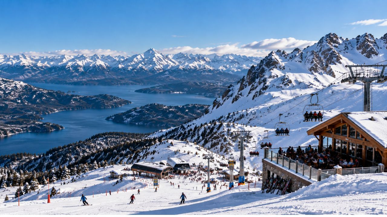 Cerro Catedral em Bariloche com pistas de esqui, meios de elevação e montanhas nevadas