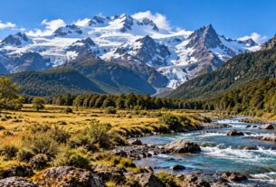 Cerro Tronador em Bariloche com geleiras, vale patagônico e rio de montanha