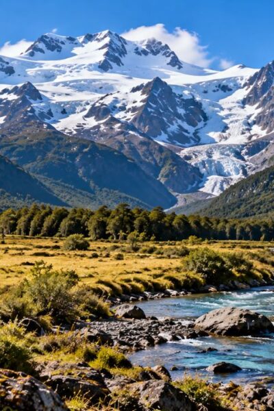 Cerro Tronador em Bariloche com geleiras, vale patagônico e rio de montanha