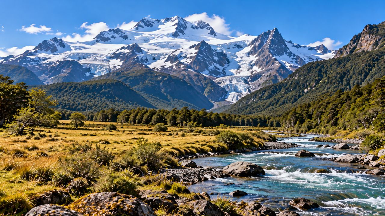 Cerro Tronador em Bariloche com geleiras, vale patagônico e rio de montanha