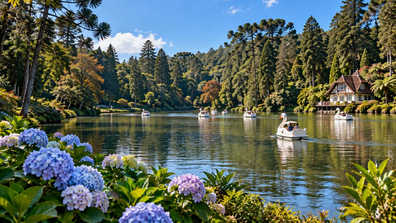 Lago Negro em Gramado com lago, árvores e paisagem natural