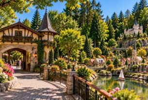 Mini Mundo em Gramado com miniaturas detalhadas e jardins ao redor