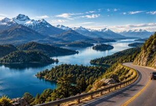 Rota dos 7 Lagos saindo de Bariloche com estrada, lagos e montanhas da Patagônia