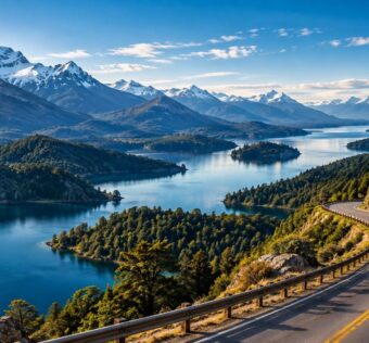 Rota dos 7 Lagos saindo de Bariloche com estrada, lagos e montanhas da Patagônia