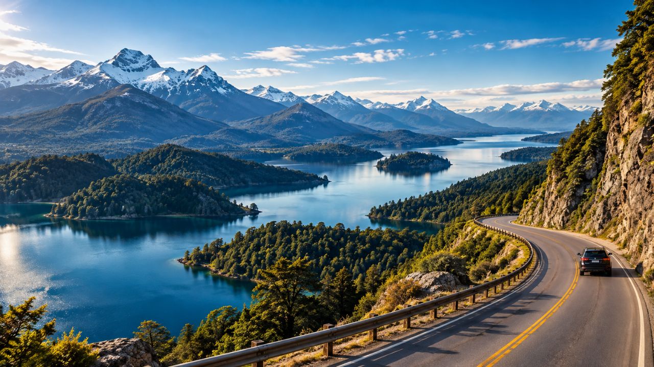 Rota dos 7 Lagos saindo de Bariloche com estrada, lagos e montanhas da Patagônia