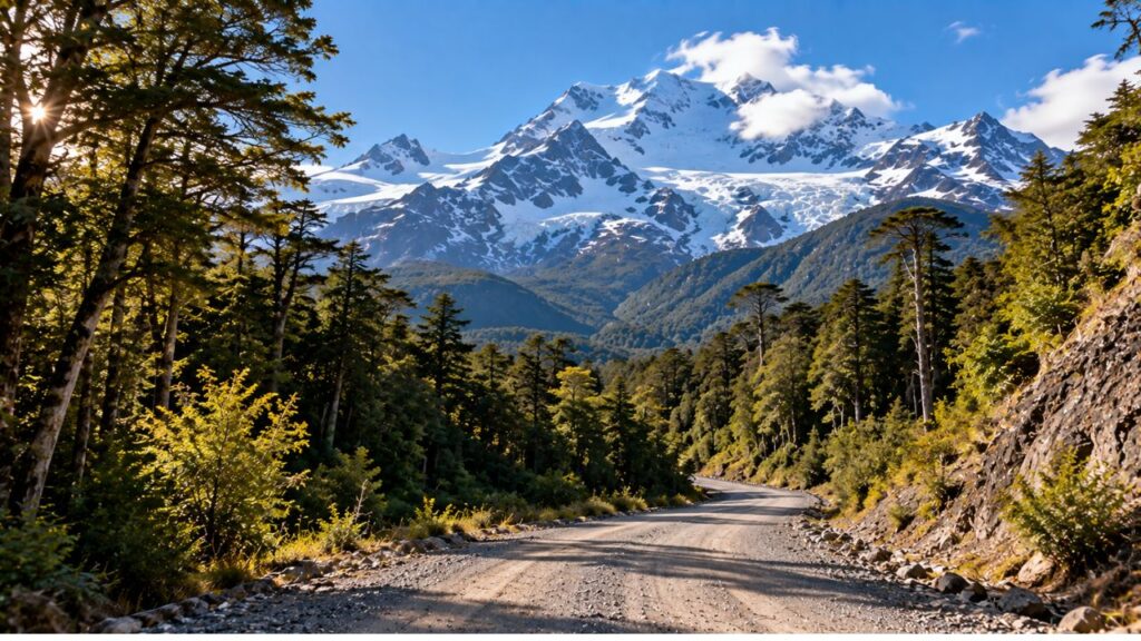 Cerro Tronador em Bariloche com estrada de rípio entre bosques e montanhas