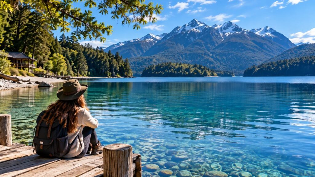 Rota dos 7 Lagos saindo de Bariloche com viajante à beira de lago na Patagônia