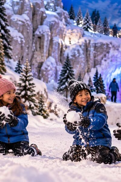 Área de neve do Snowland em Gramado com visitantes e atrações