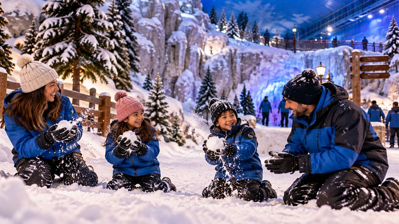 Área de neve do Snowland em Gramado com visitantes e atrações