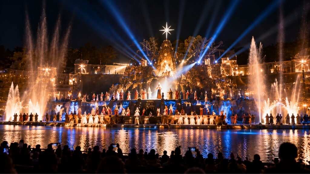 Natal Luz de Gramado com espetáculo Nativitaten e iluminação sobre as águas