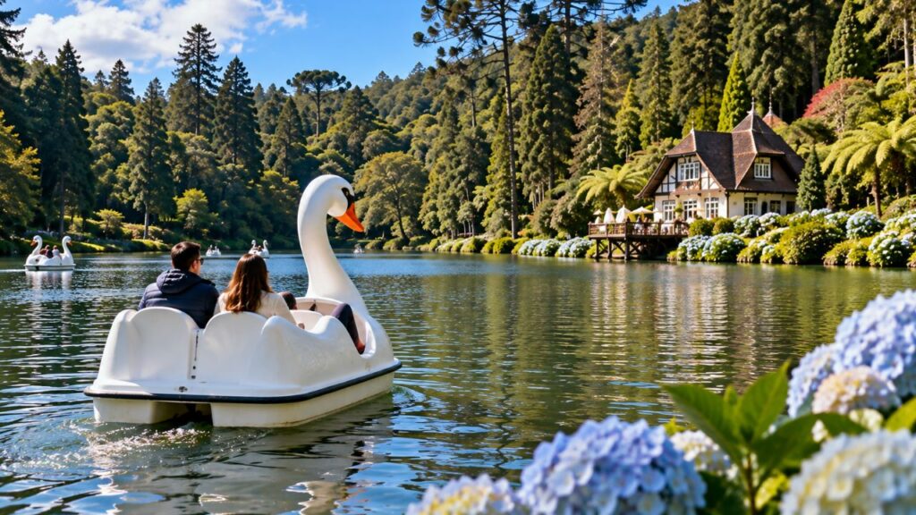 Lago Negro em Gramado com vegetação e caminho ao redor do lago