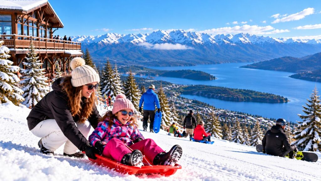 Cerro Otto em Bariloche com atividades na neve durante o inverno