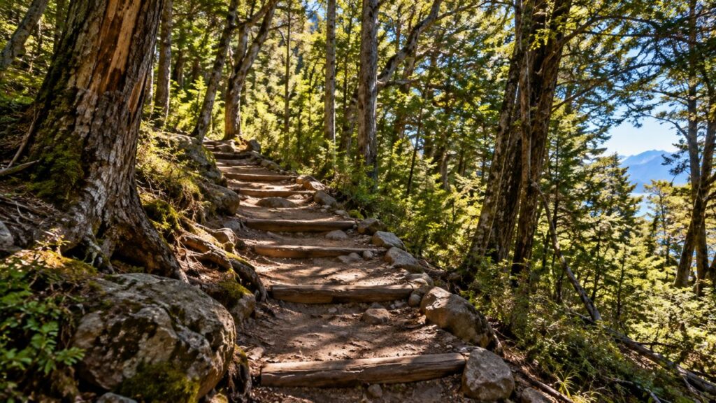 Trilha pelo bosque para subir o Cerro Campanario em Bariloche
