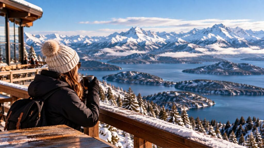 Cerro Catedral em Bariloche com visitante contemplando a paisagem nevada