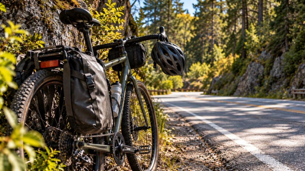 Circuito Chico em Bariloche de bicicleta em estrada cercada pelo bosque