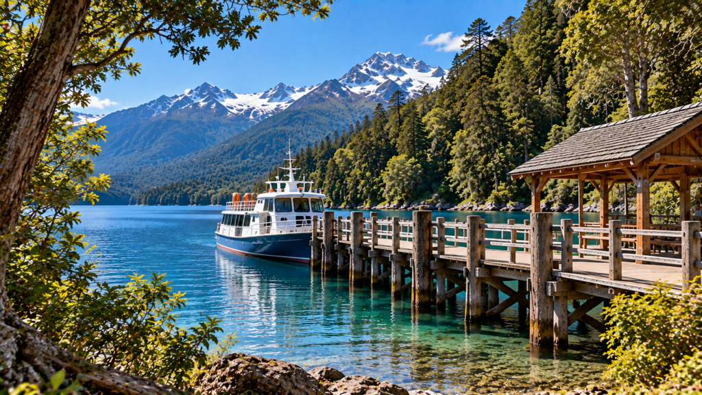 Isla Victoria e Bosque de Arrayanes com barco atracado, lago e montanhas da Patagônia
