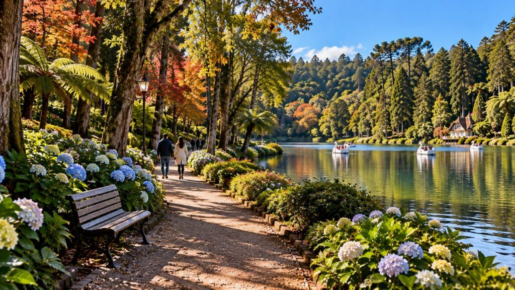 Jardins do Lago Negro em Gramado com flores e vegetação ao redor do lago