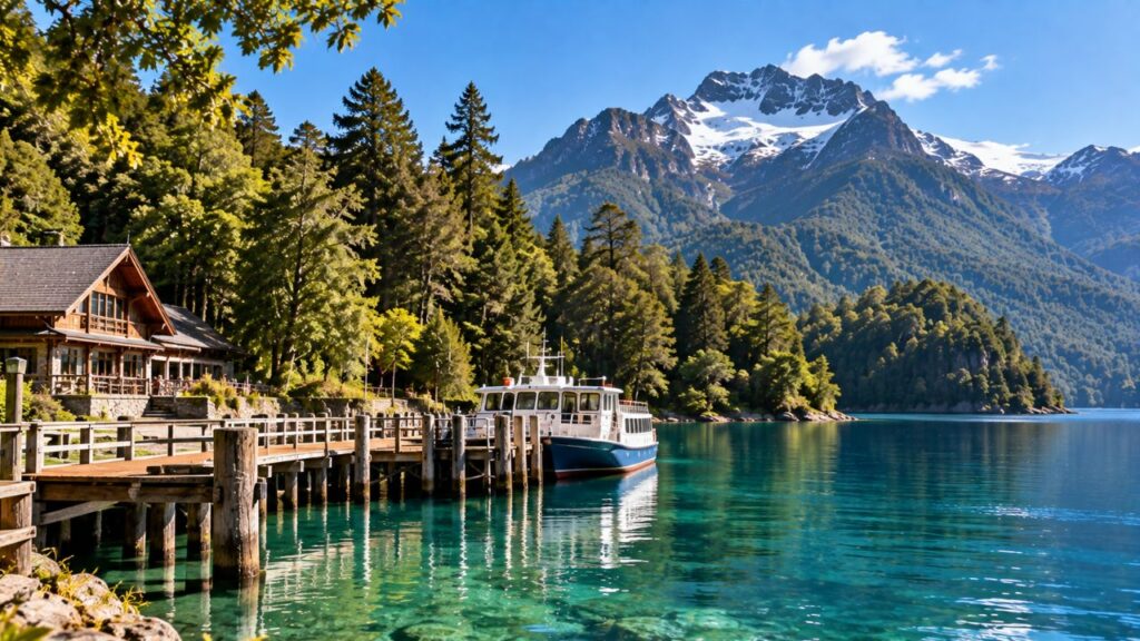 Puerto Blest em Bariloche com barco, lago, floresta e montanhas da Patagônia