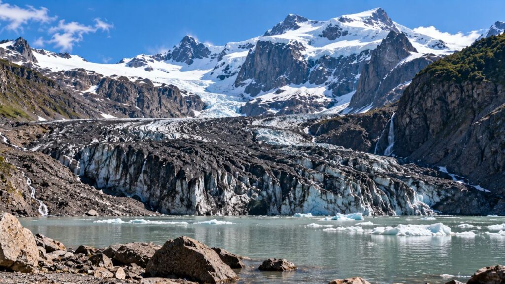 Cerro Tronador em Bariloche com Ventisquero Negro, geleira escura e montanhas