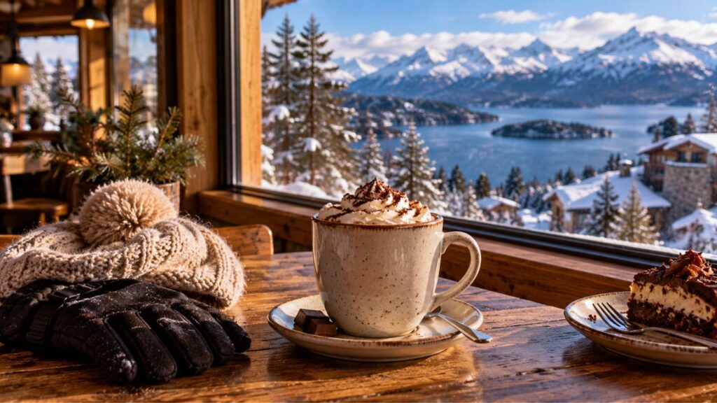 Chocolate quente em Bariloche durante uma viagem de inverno