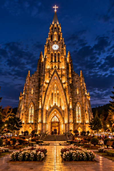 Catedral de Pedra em Canela iluminada à noite