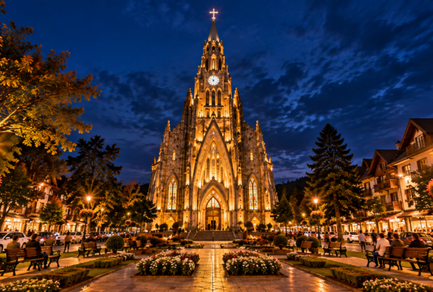 Catedral de Pedra em Canela iluminada à noite