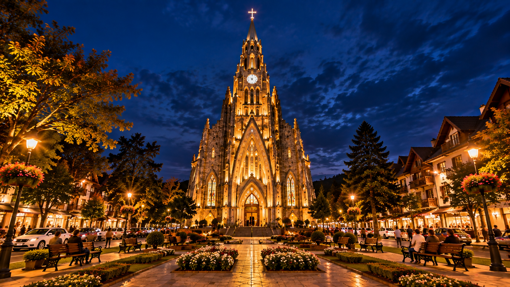 Catedral de Pedra em Canela iluminada à noite