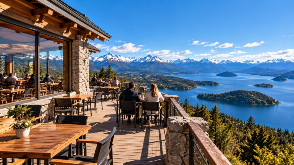 Confeitaria no topo do Cerro Campanario em Bariloche com vista para lagos e montanhas