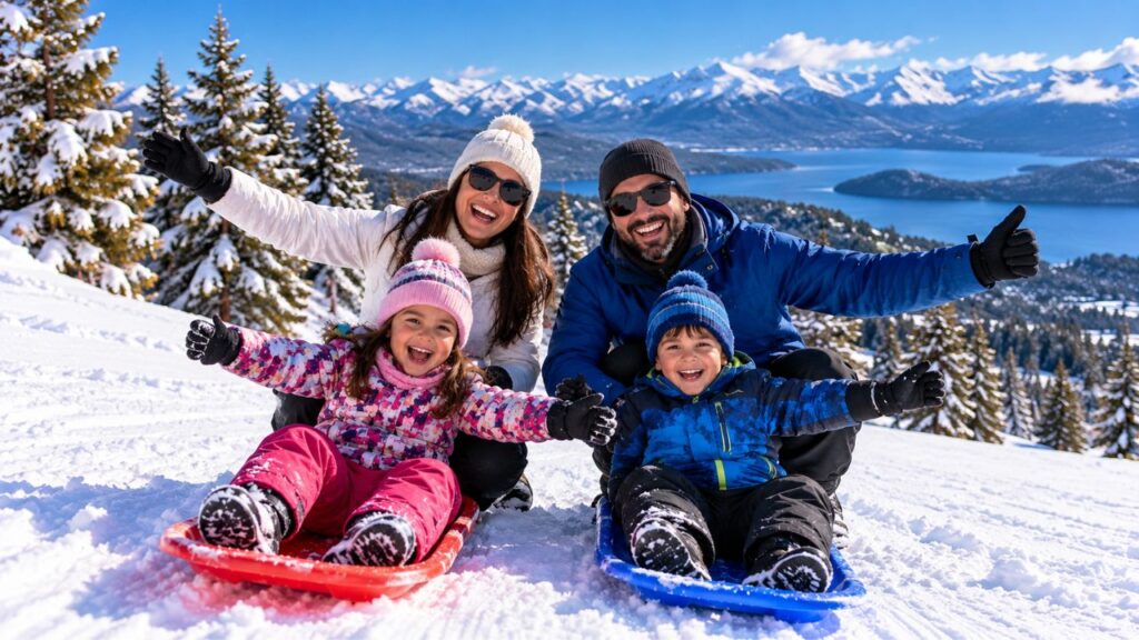 Família aproveitando a neve em Piedras Blancas em Bariloche
