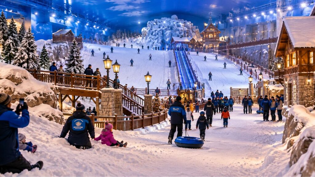 Família brincando na neve no Snowland em Gramado